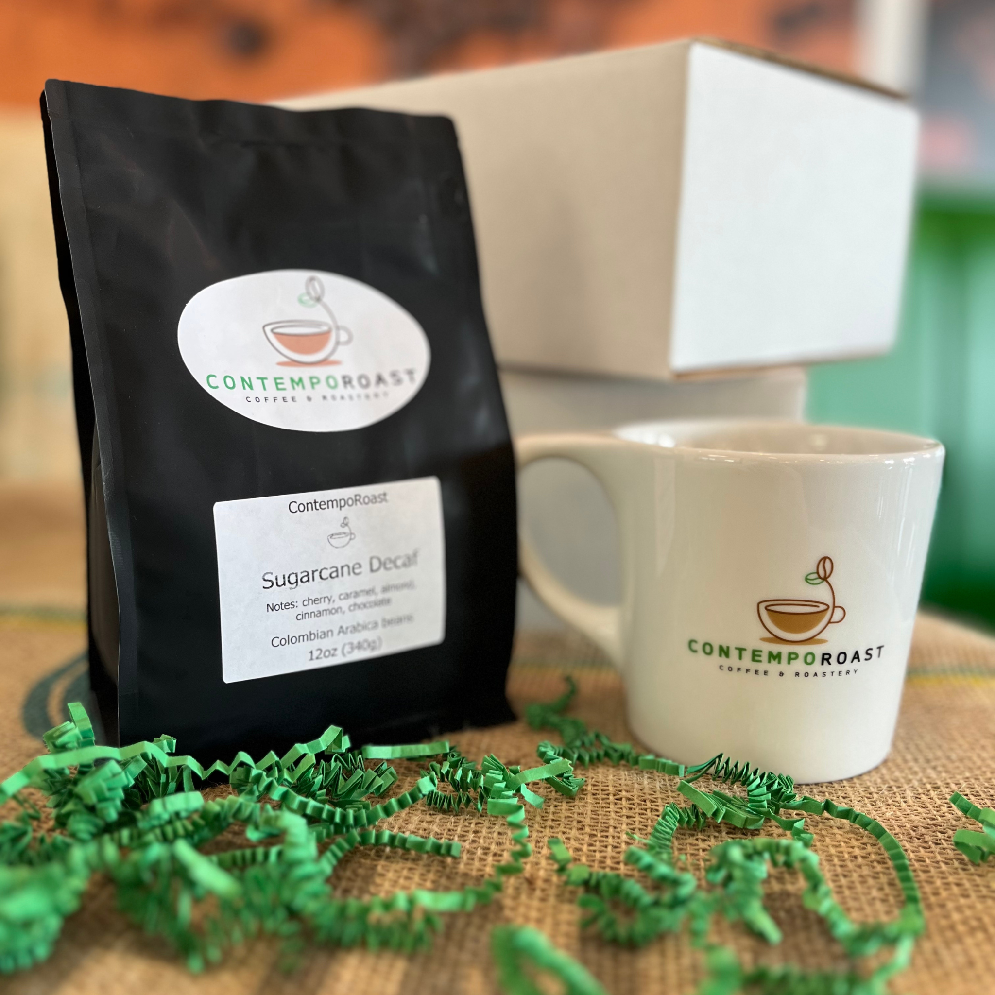A 12oz bag of coffee with a 16oz branded porcelain notNeutral Lino cup