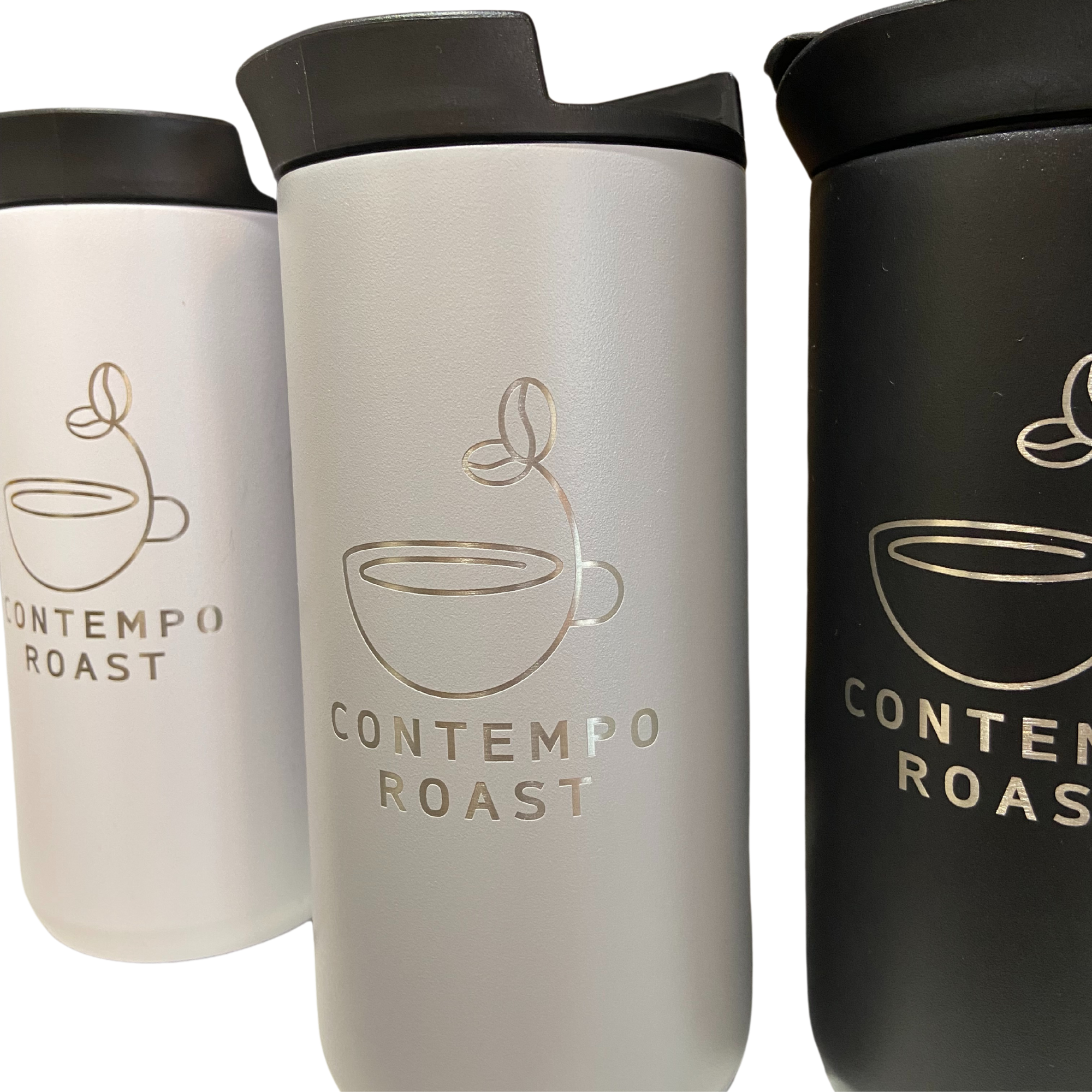 from left to right, a white, a grey and a black 12oz Minimalist Mug with etched ContempoRoast logos