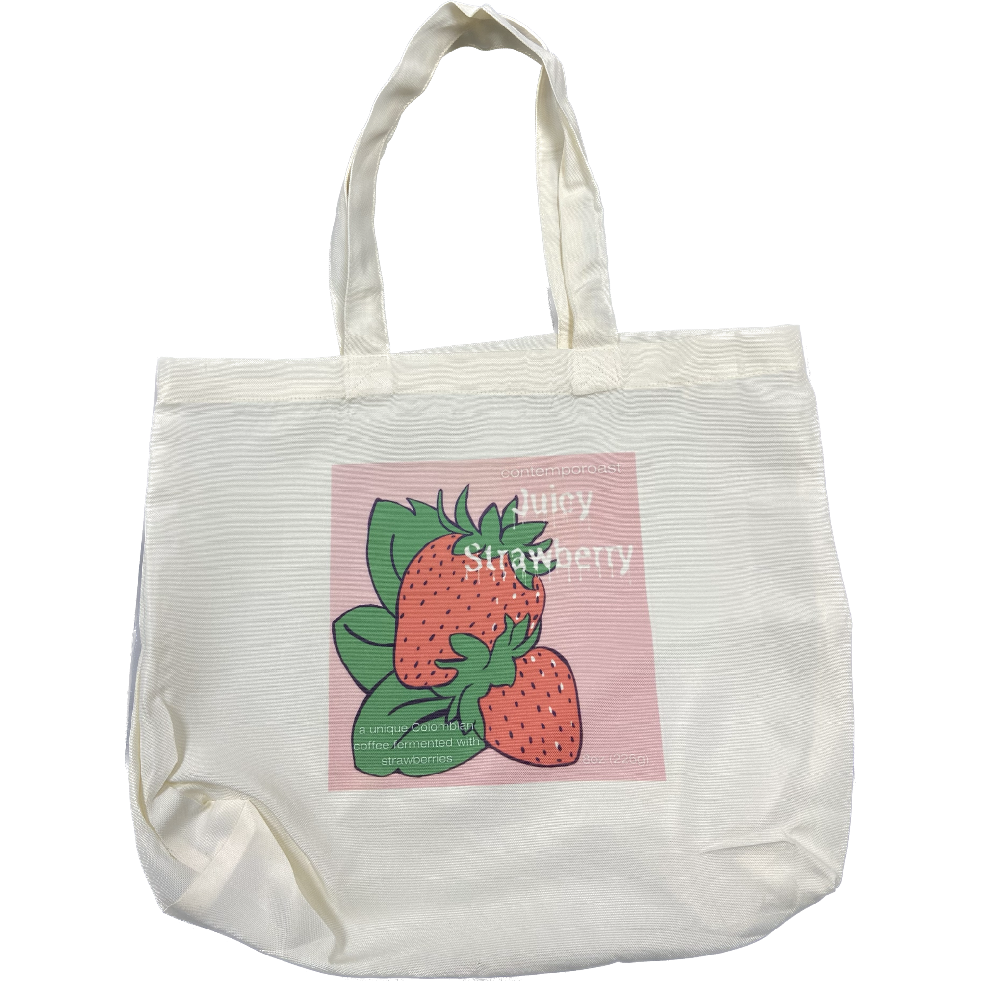 Off-white tote bag with Juicy Strawberry coffee label sublimated onto tote