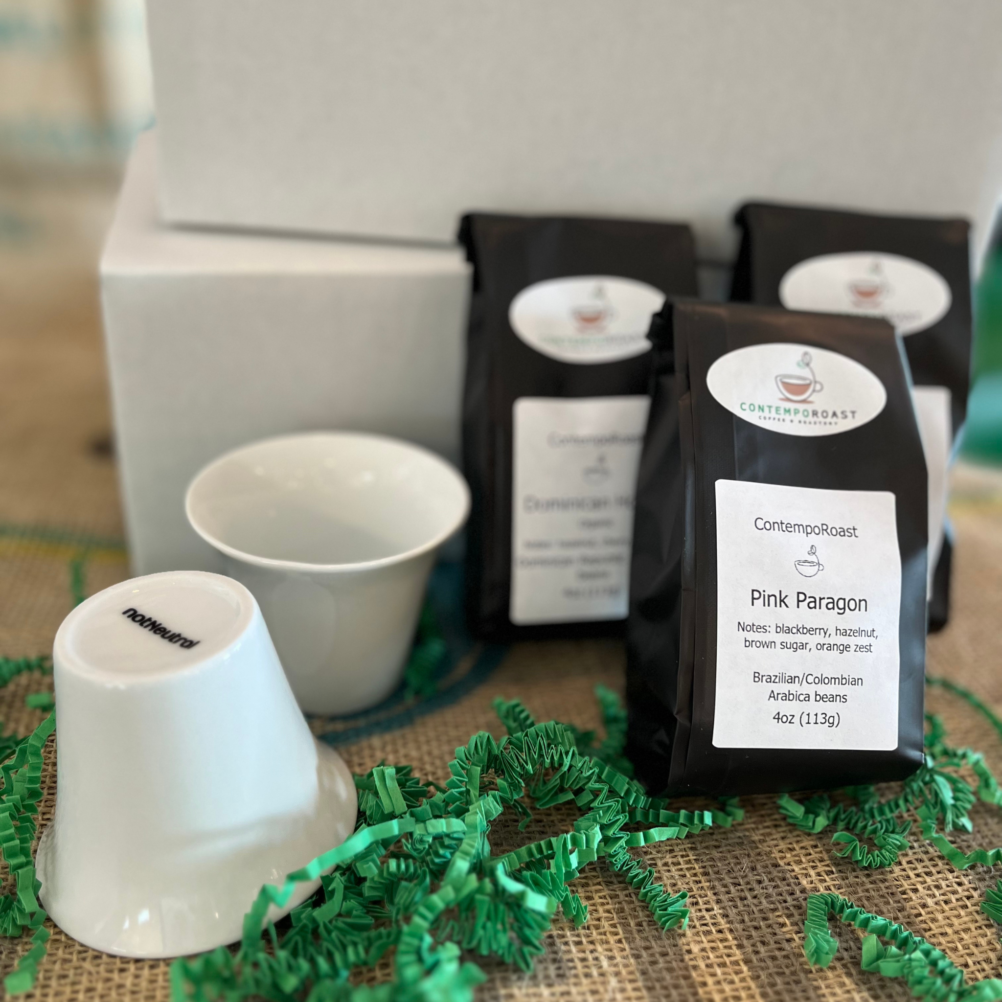 two 3oz porcelain notNeutral Cala tasting cups with the Classical set of three 4oz bags of coffee in a gift box