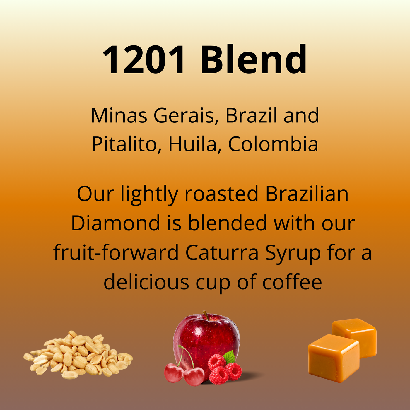 Coffee blend description with tasting notes and origin on an orange gradient background