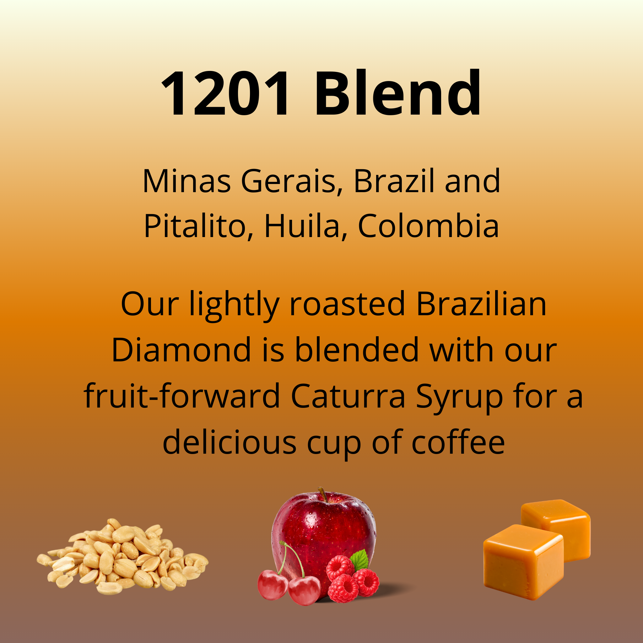 Coffee blend description with tasting notes and origin on an orange gradient background