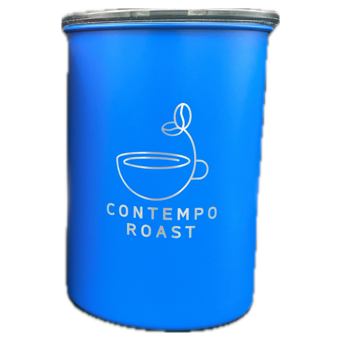 matte blue canister with ContempoRoast logo etched on front