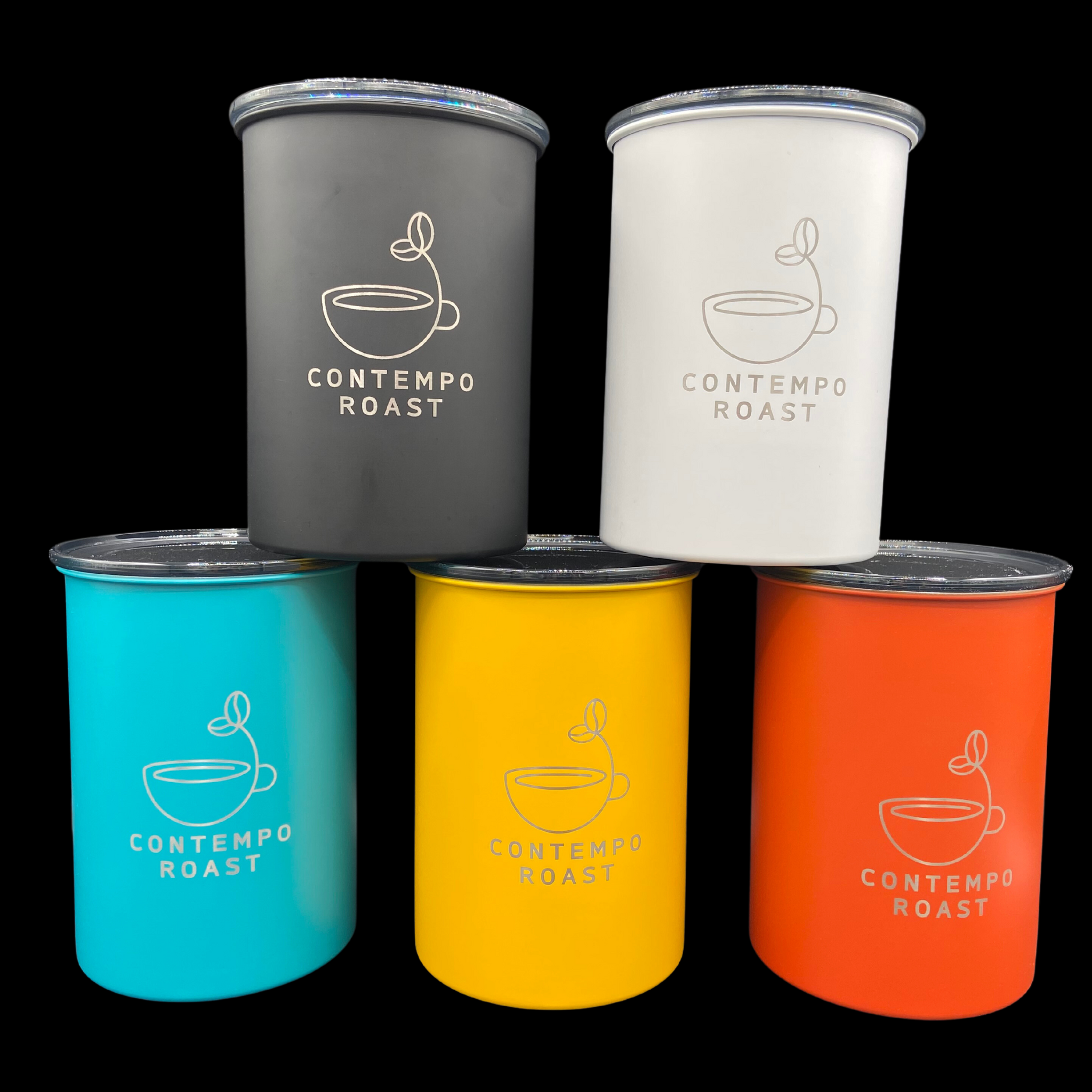 matte white, matte black, matte turquoise, matte yellow and matte red rock canisters etched with the ContempoRoast logo, the black and white canisters stacked atop the turquoise, yellow and red rock