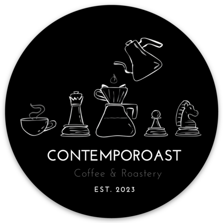 3-inch round vinyl sticker, black background with white and grey text; design is three large chess pieces among a steaming cup of coffee and a pour over in process; text reads ContempoRoast Coffee & Roastery, est. 2023