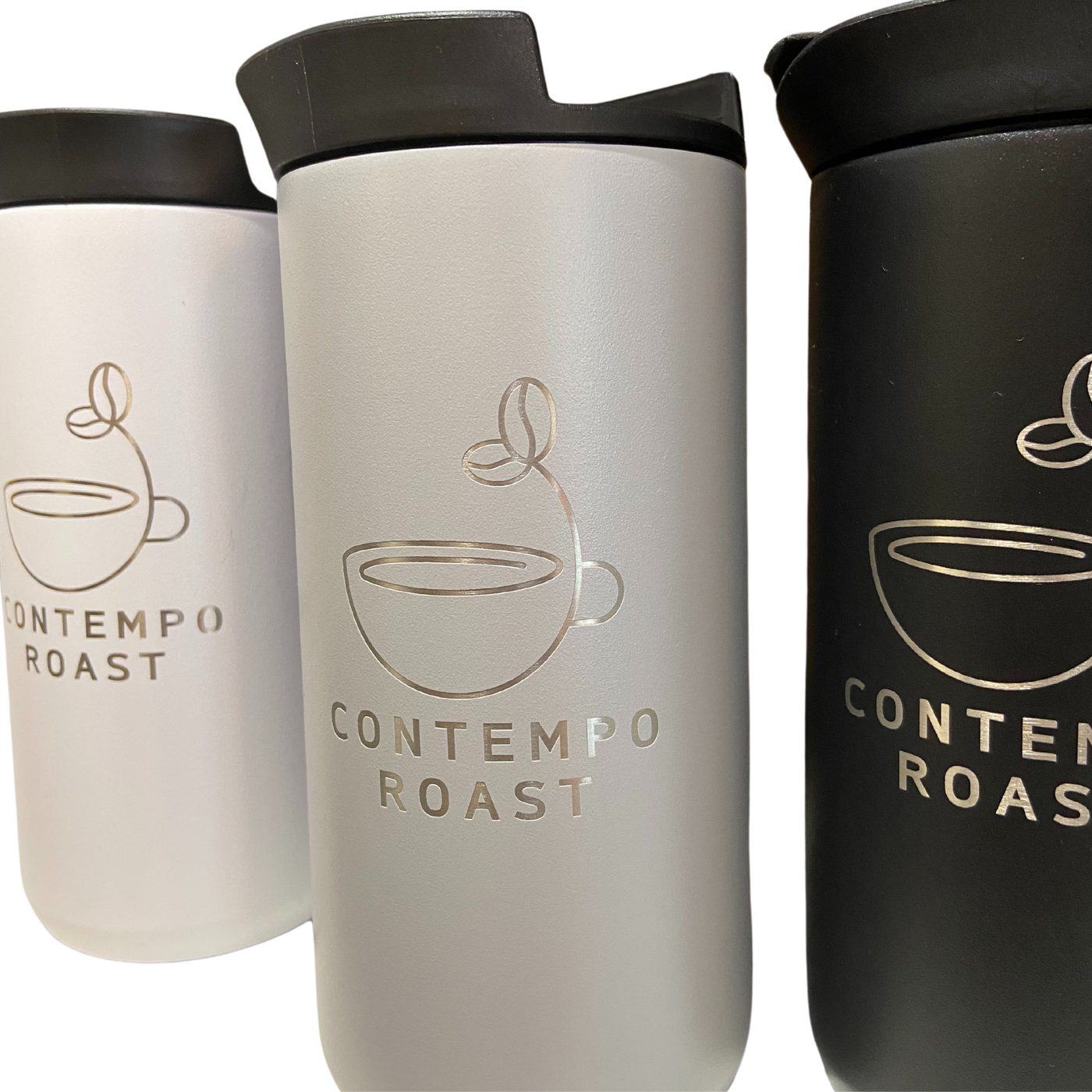 from left to right, a white, a grey and a black 12oz Minimalist Mug with etched ContempoRoast logos