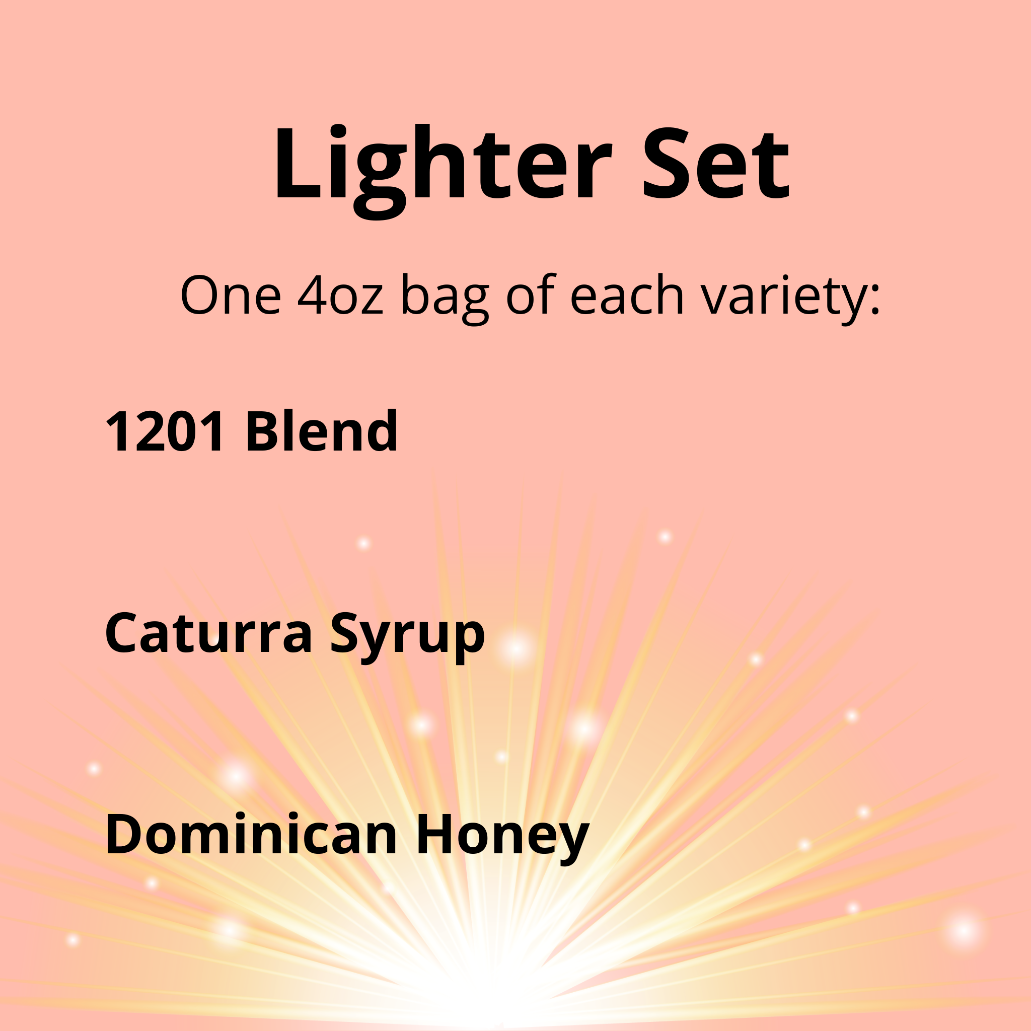 Product description card for lighter set with three varieties on a pink background