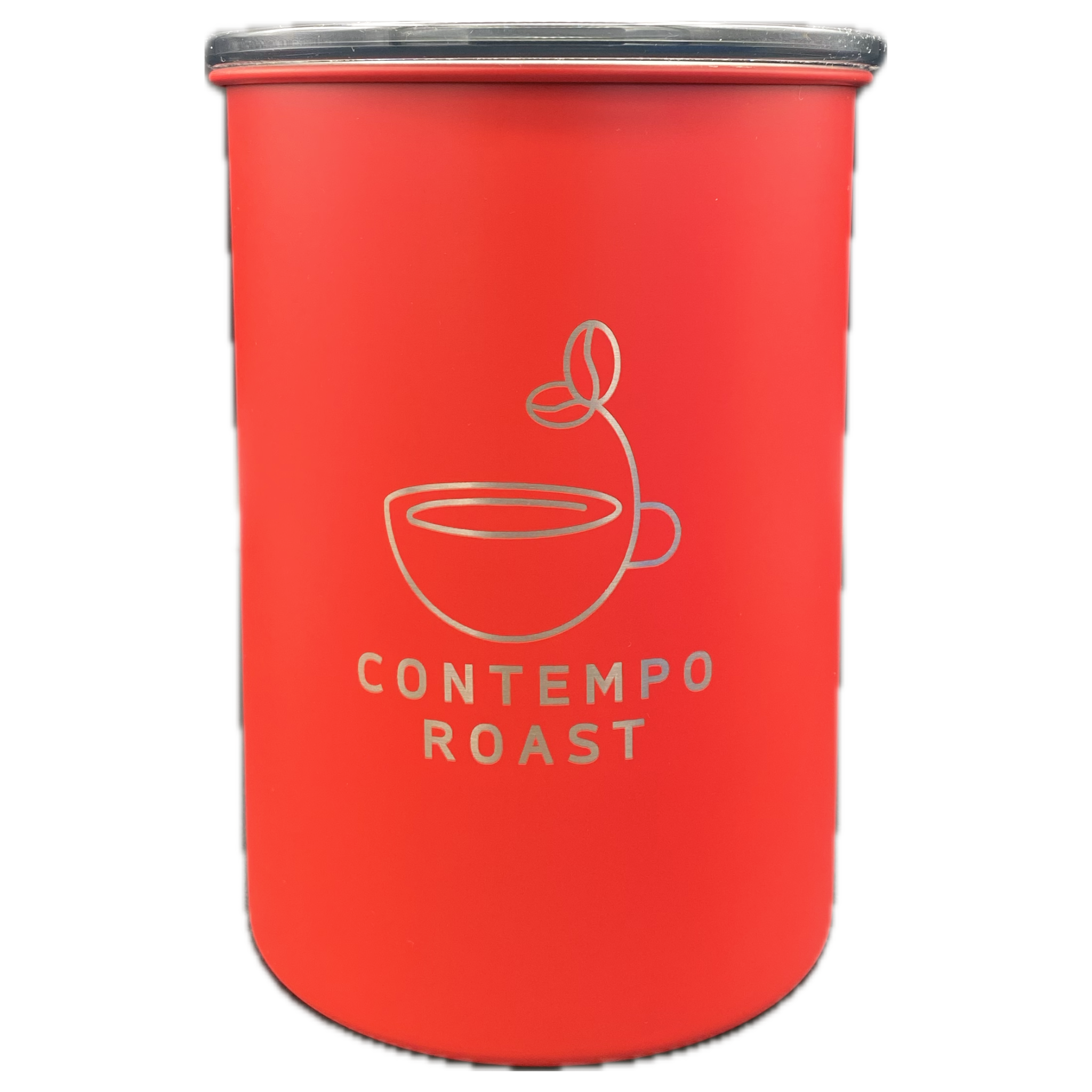matte red canister with ContempoRoast logo etched on front
