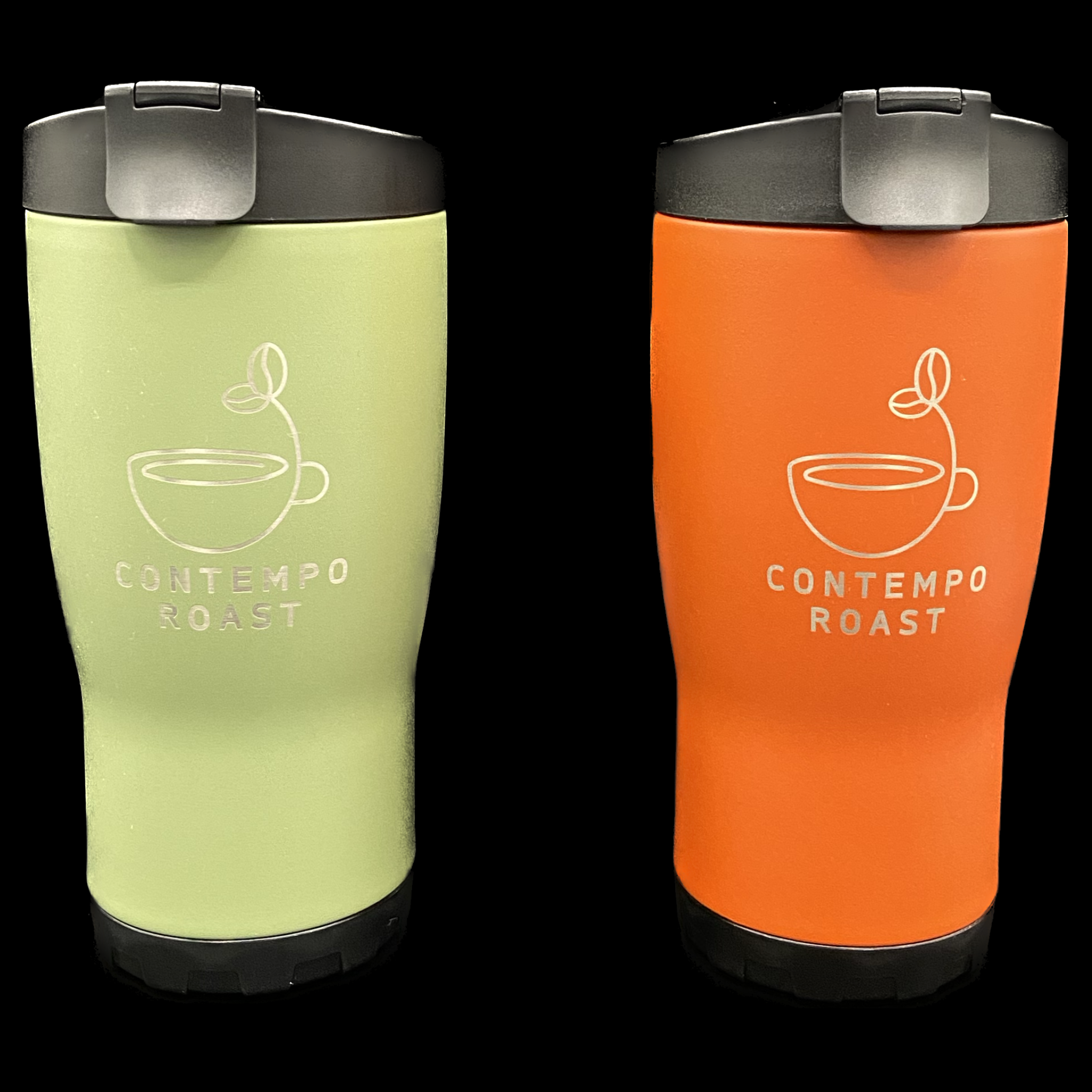 two 16oz travel mugs, both with etched logo, one moss green, one red rock