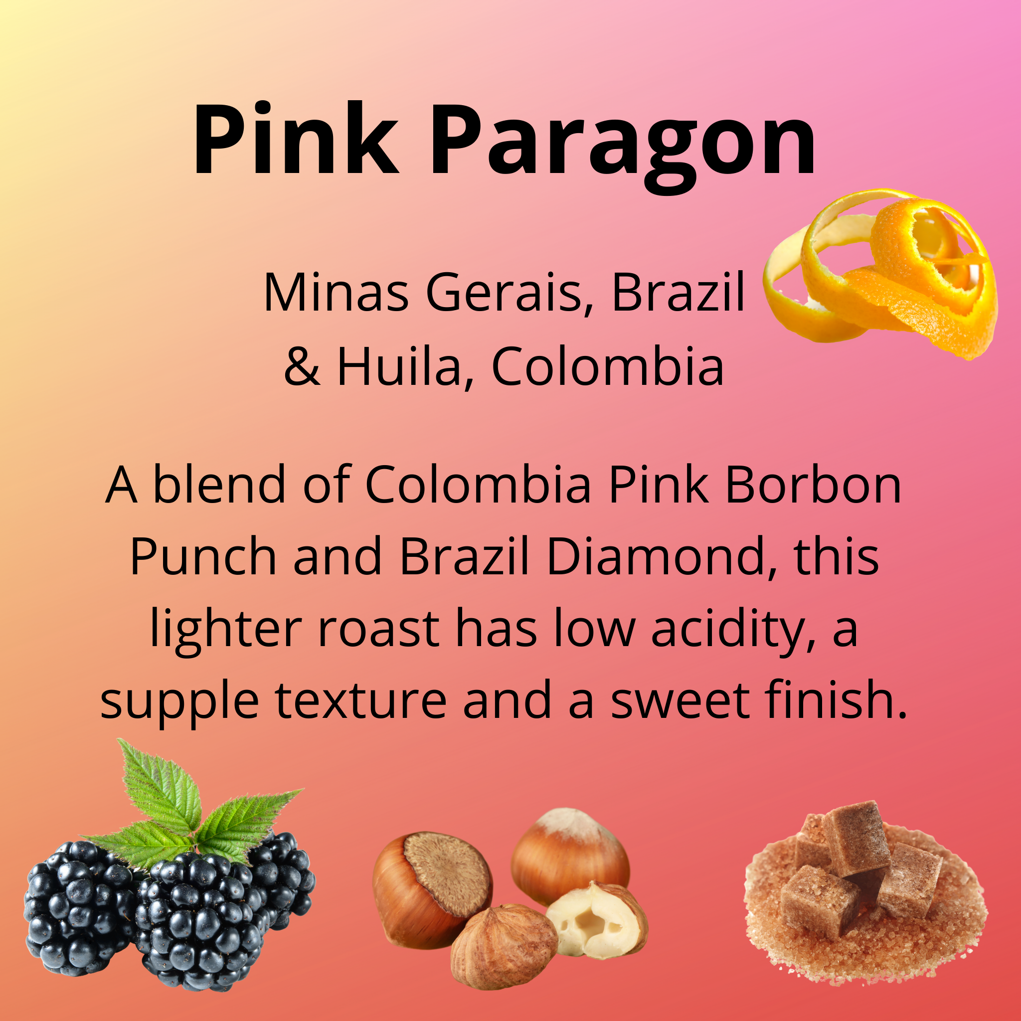 Pink Paragon is a blend of Colombia Pink Borbon Punch and Brazil Diamond. A lighter roast with tasting notes of blackberry, hazelnut, brown sugar and orange zest, this playful blend has low acidity, a supple texture and a sweet finish.
