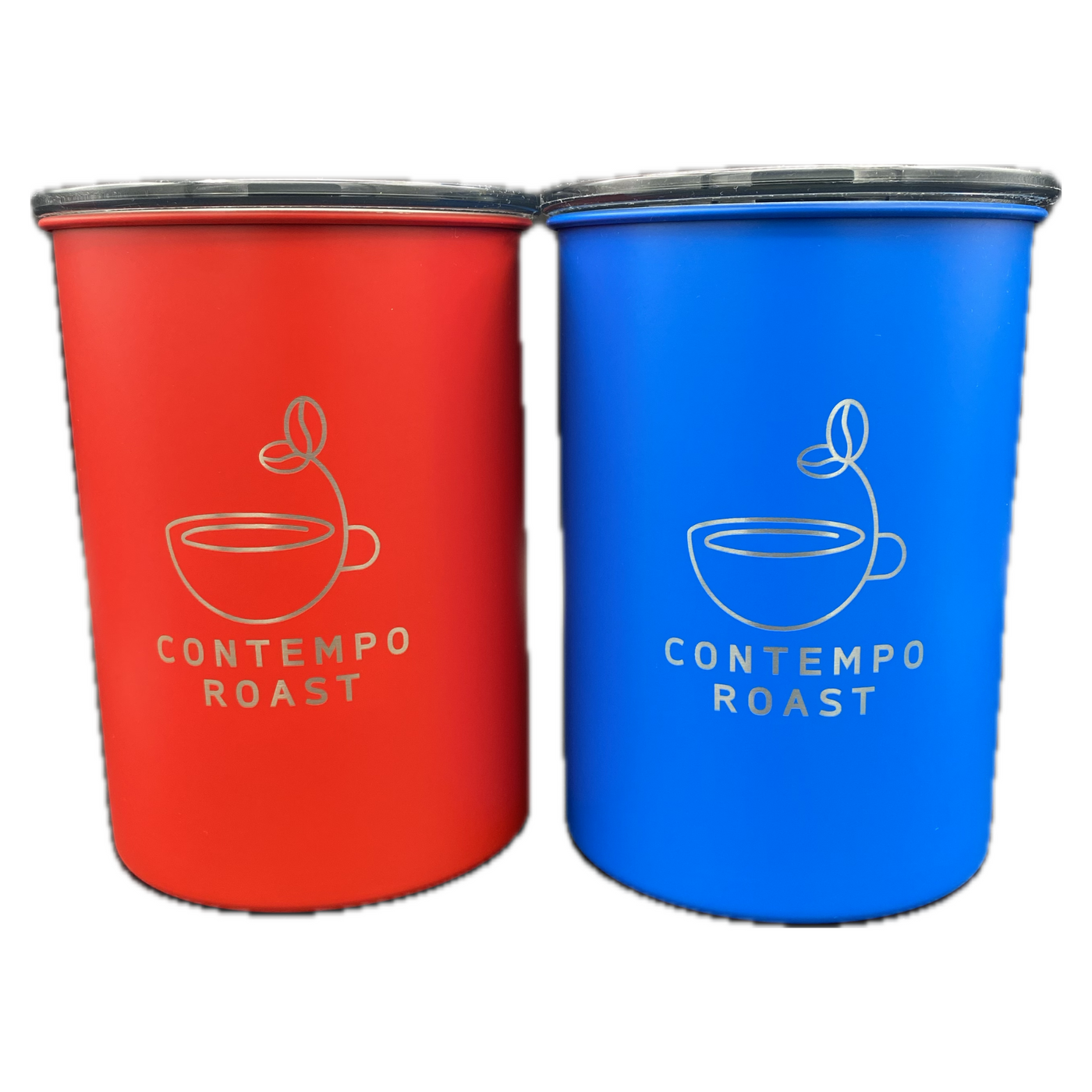 matte red and matte blue canisters with ContempoRoast etched logos