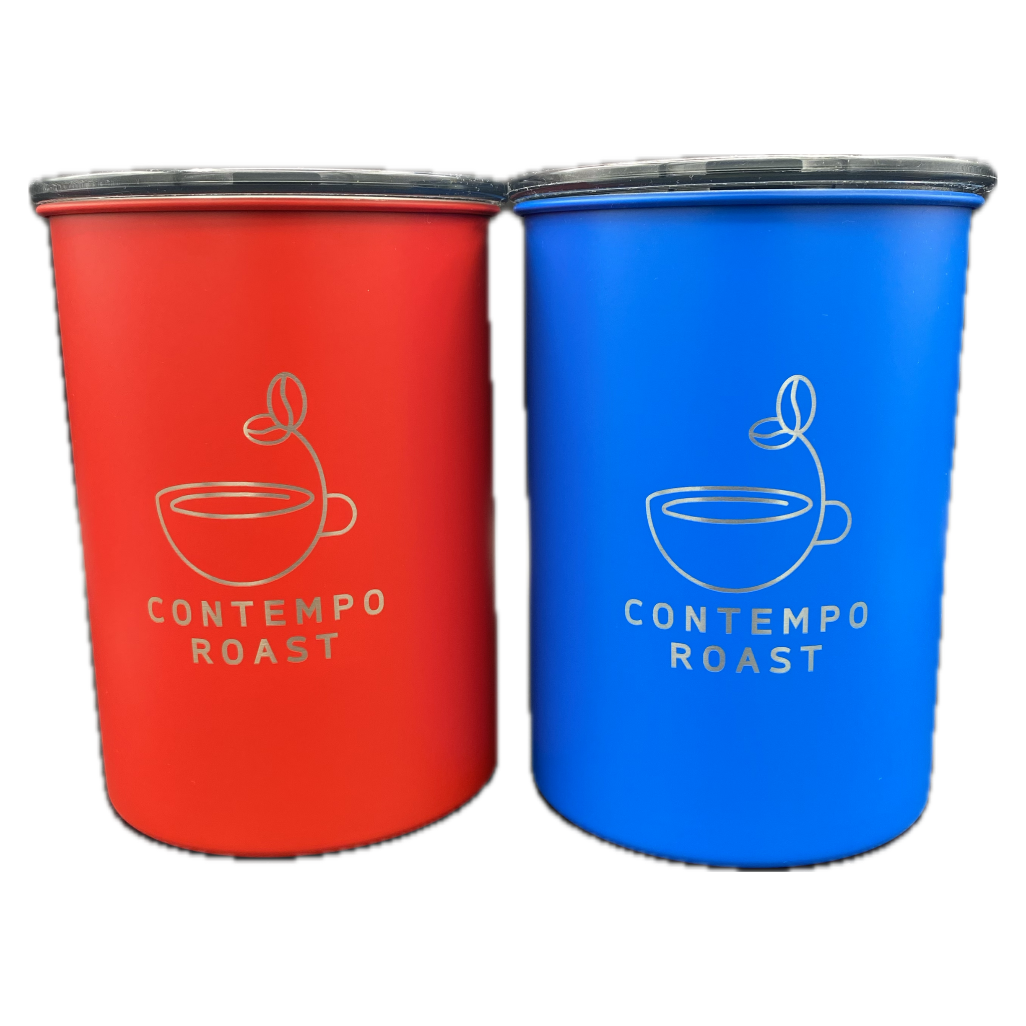 matte red and matte blue canisters with ContempoRoast logo etched on front