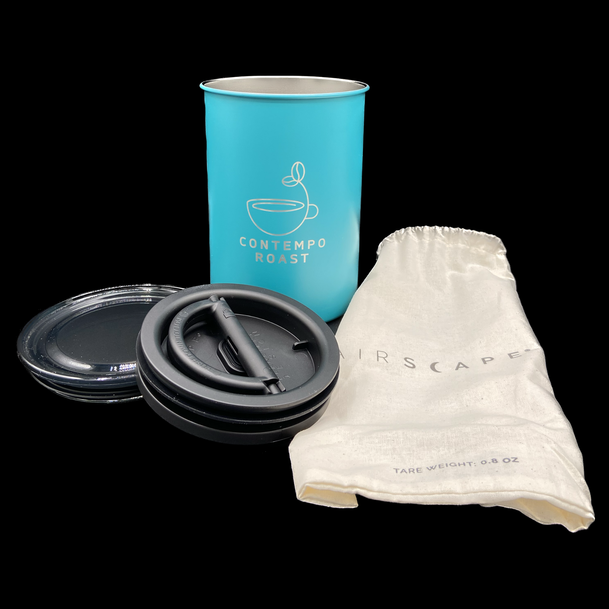 matte turquoise canister with ContempoRoast logo etched on front, canvas refill bag, patented two-way valve lid and second lid for stacking