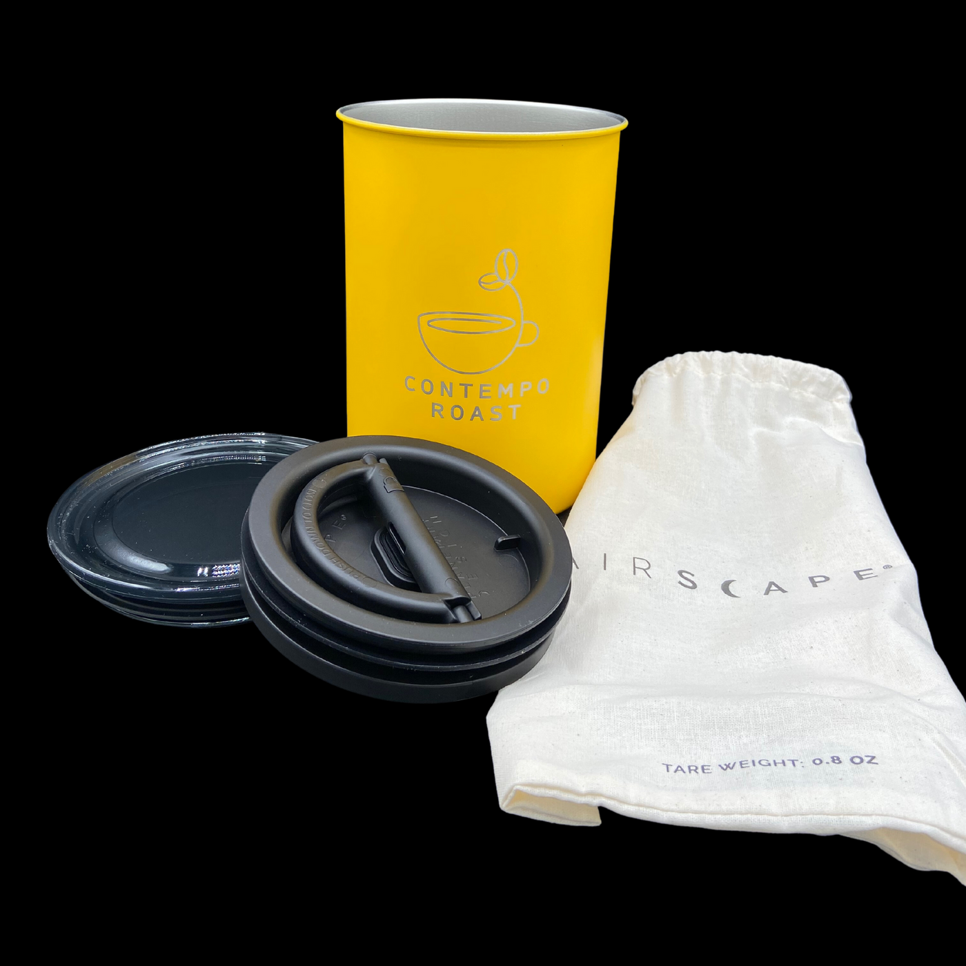 matte yellow canister with ContempoRoast logo etched on front, canvas refill bag, patented two-way valve lid and second lid for stacking