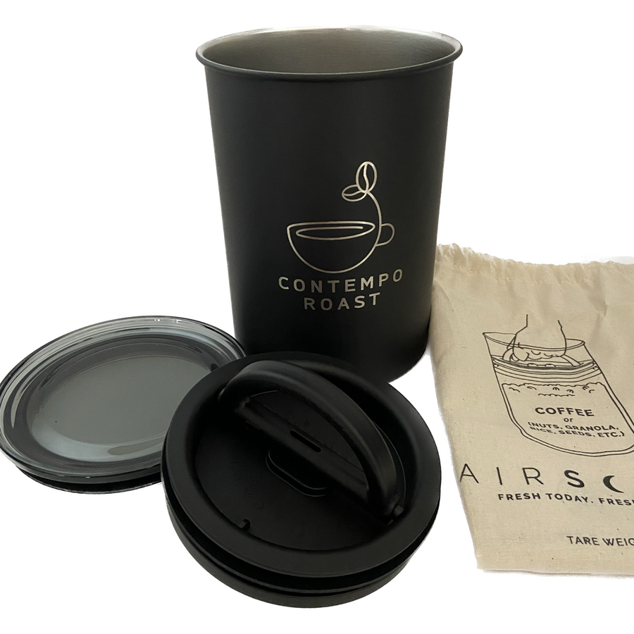matte black canister with ContempoRoast logo etched on front, canvas refill bag, patented two-way valve lid and second lid for stacking