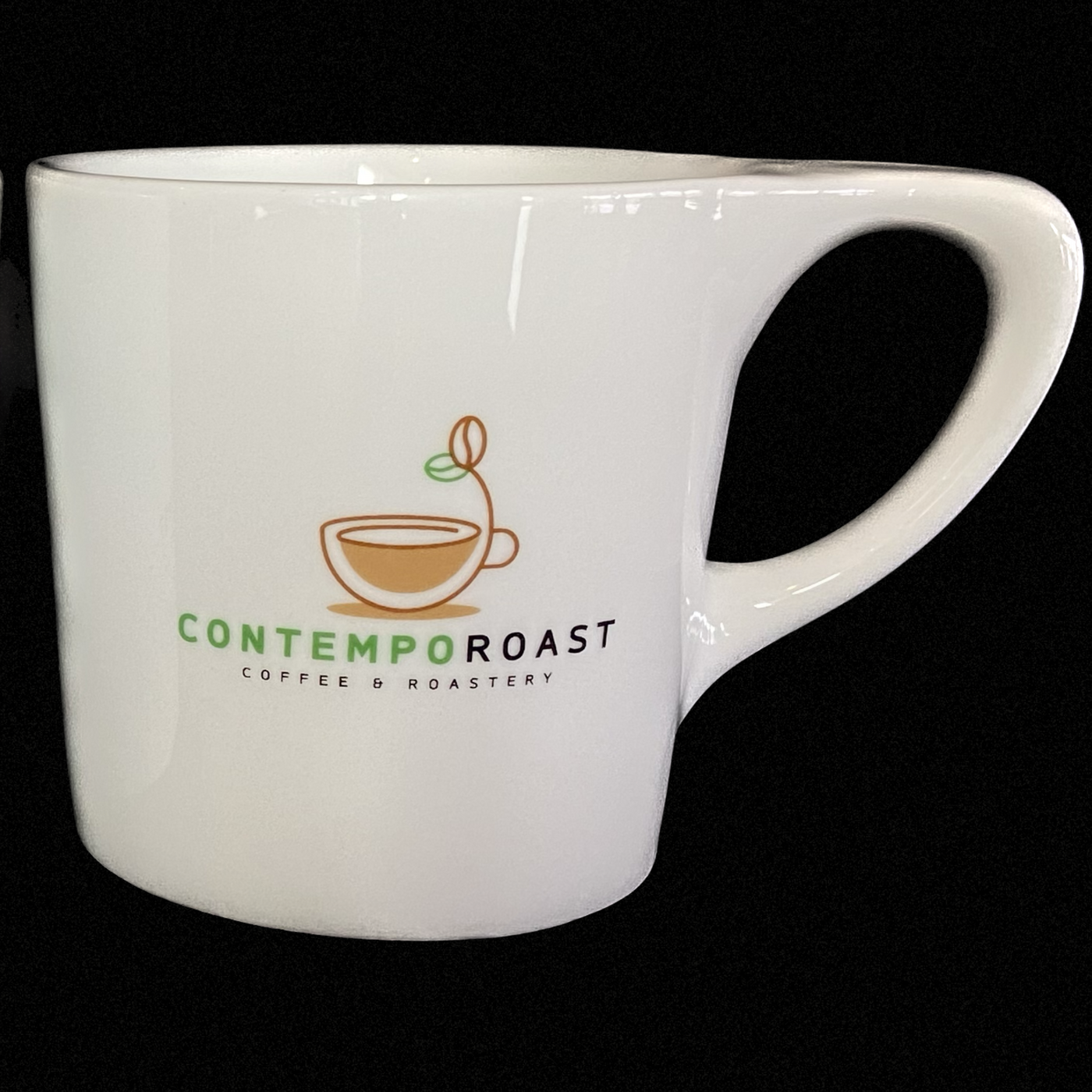 white porcelain mug with ContempoRoast Coffee & Roastery logo on a black background