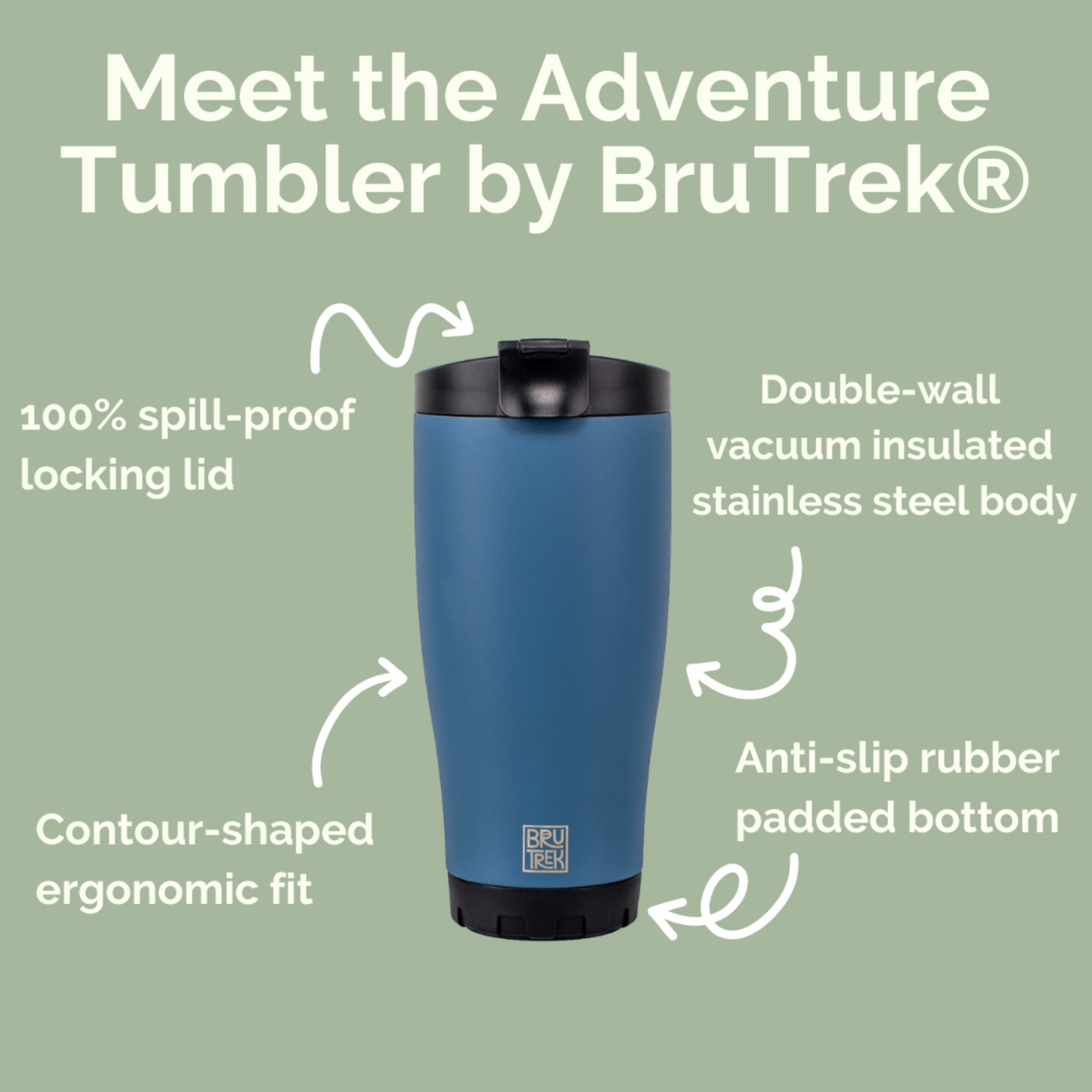 infographic showing advantages of Adventure Tumbler, including 100% spill-proof locking lid; contour-shaped ergonomic fit; double-wall vacuum insulated stainless steel body; and anti-slip rubber padded bottom