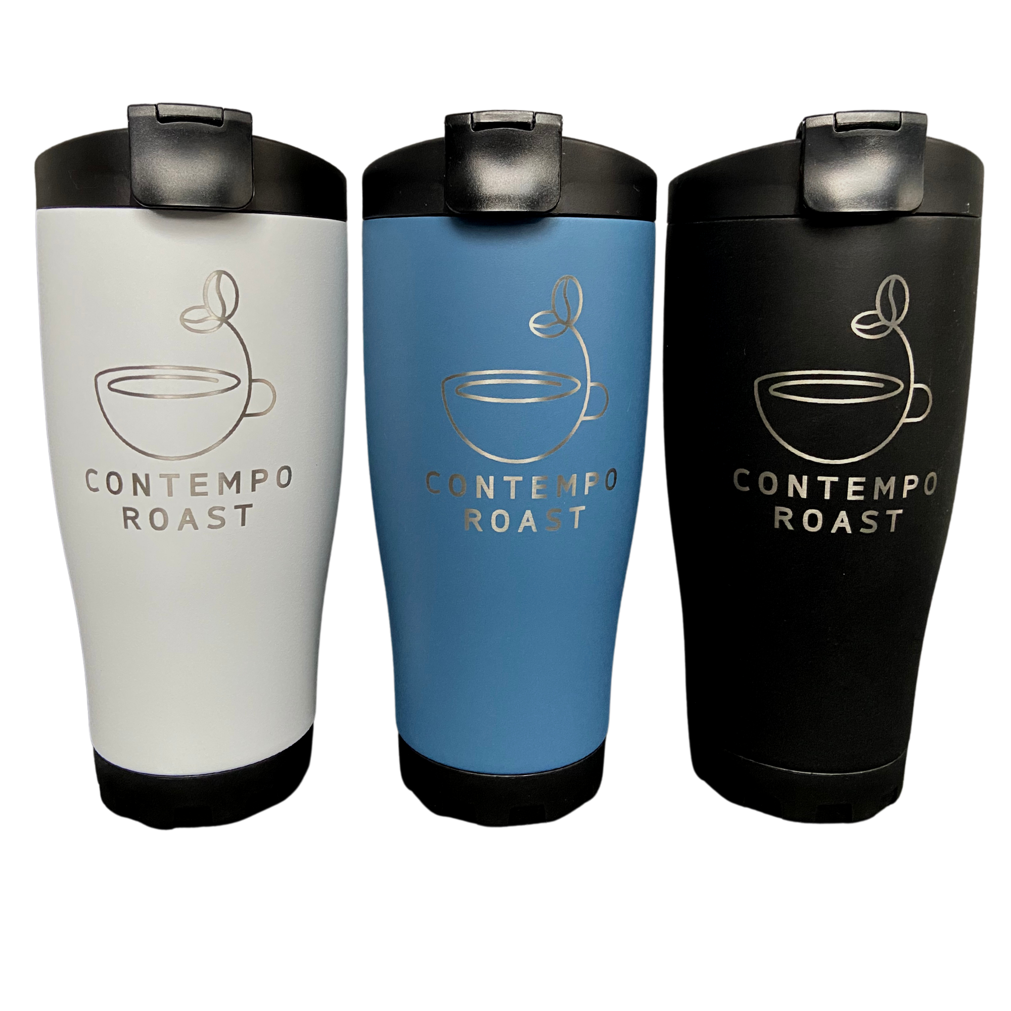 three 16oz travel mugs, all with etched logo, one white, one blue, one black