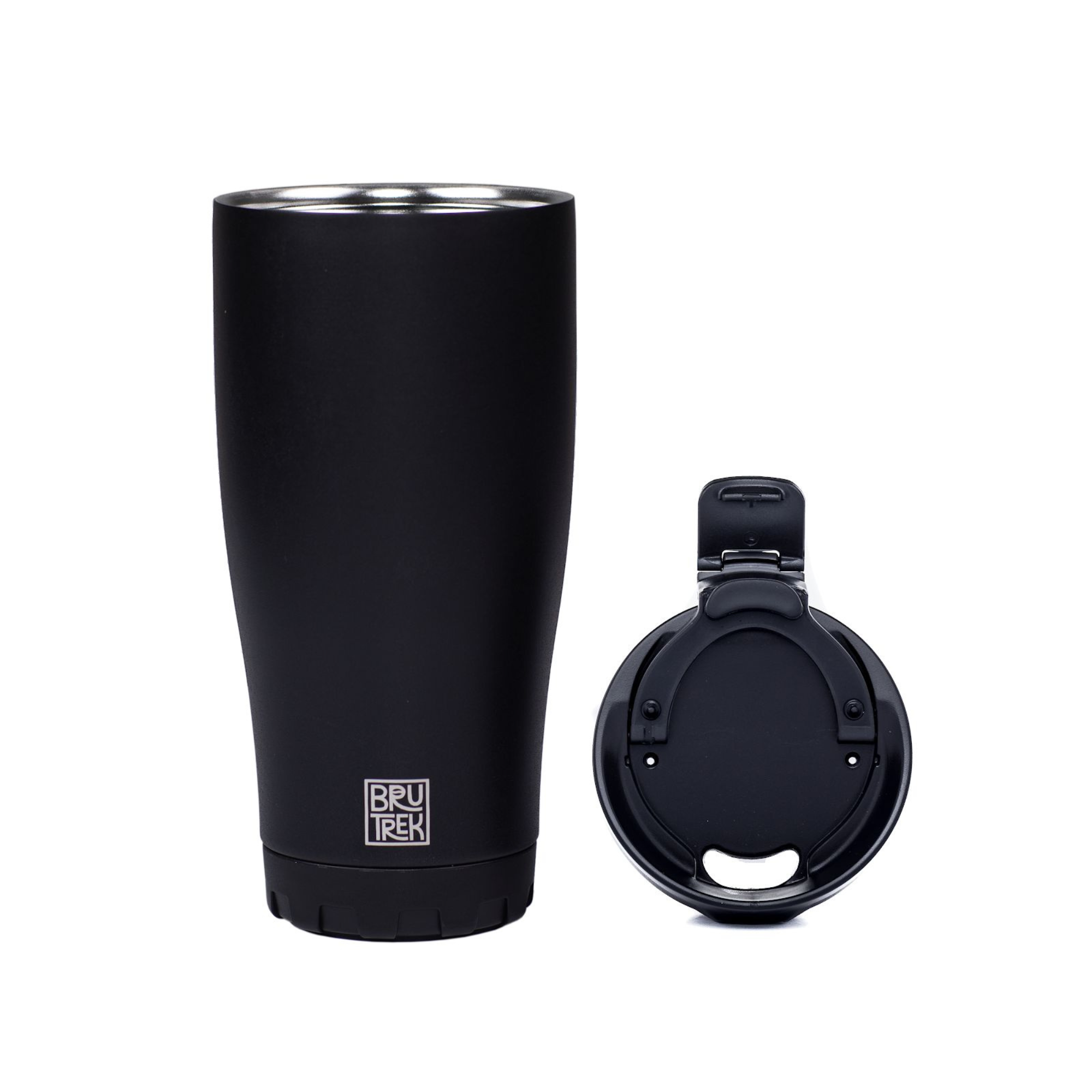 16oz Adventure Tumbler in black with lid to side