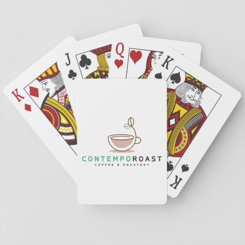 five playing cards shown, a king of diamonds, jack of clubs, queen of hearts, king of spades and the back of a card showing the ContempoRoast logo