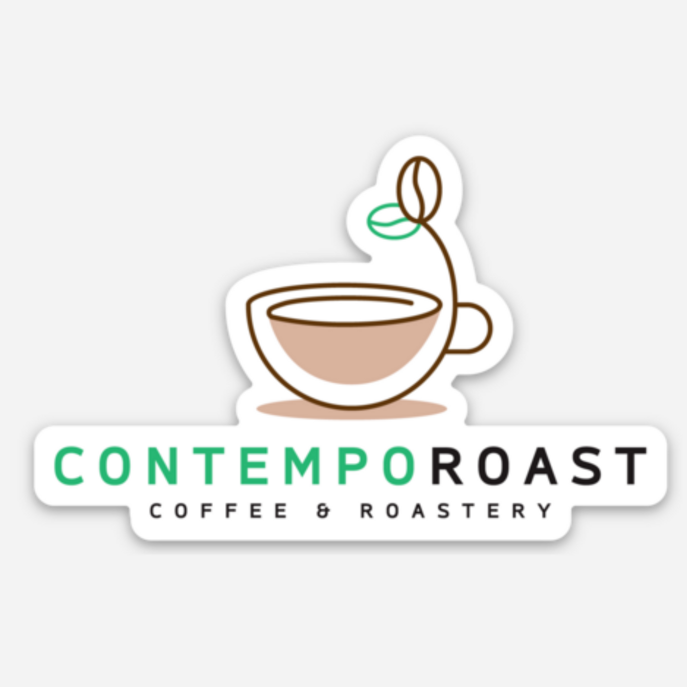 ContempoRoast die-cut vinyl sticker showing the ContempoRoast coffee cup with the stylized coffee beans (one unroasted green, one roasted brown) curving up the side of the cup, with the words ContempoRoast Coffee & Roastery under the logo