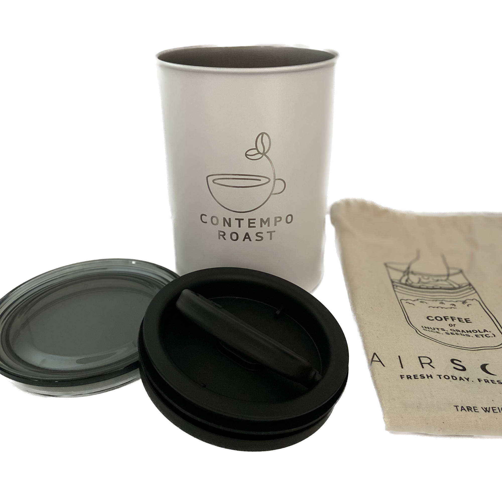 matte white canister with ContempoRoast logo etched on front, canvas refill bag, patented two-way valve lid and second lid for stacking
