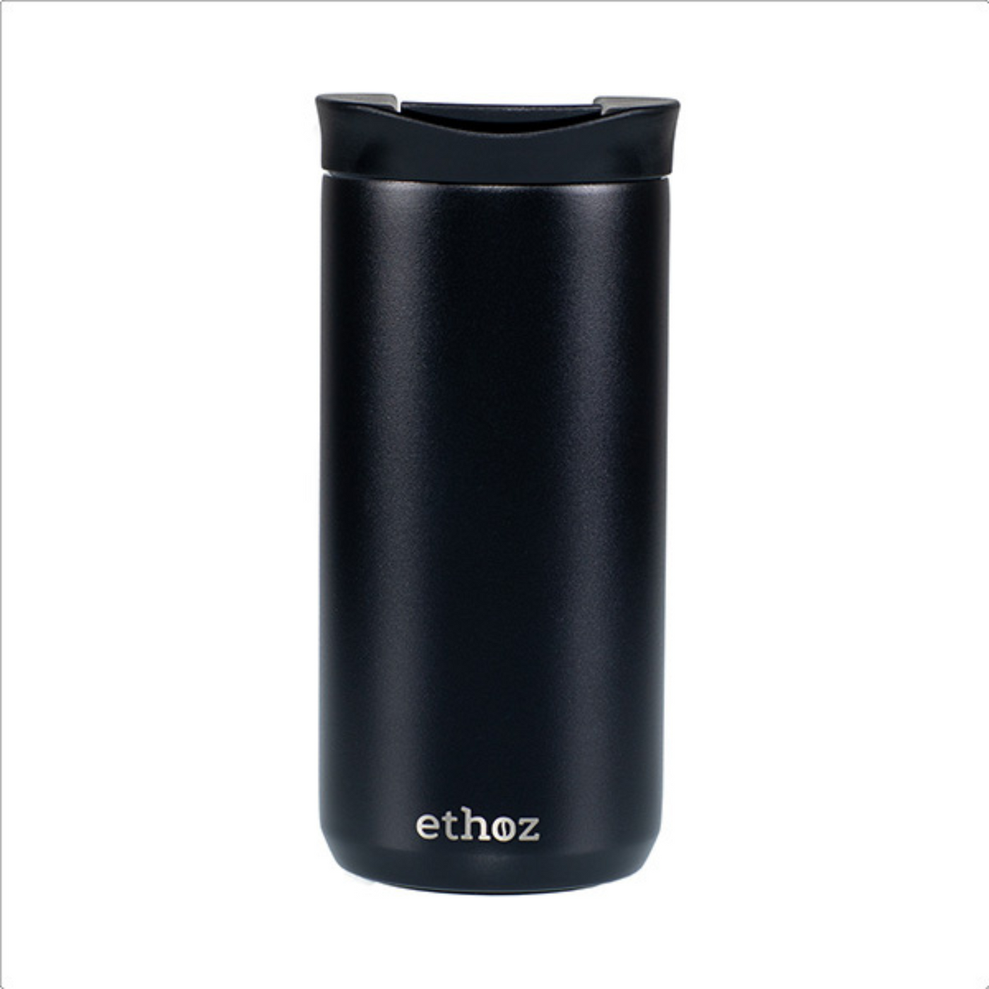 black travel mug showing ethoz brand