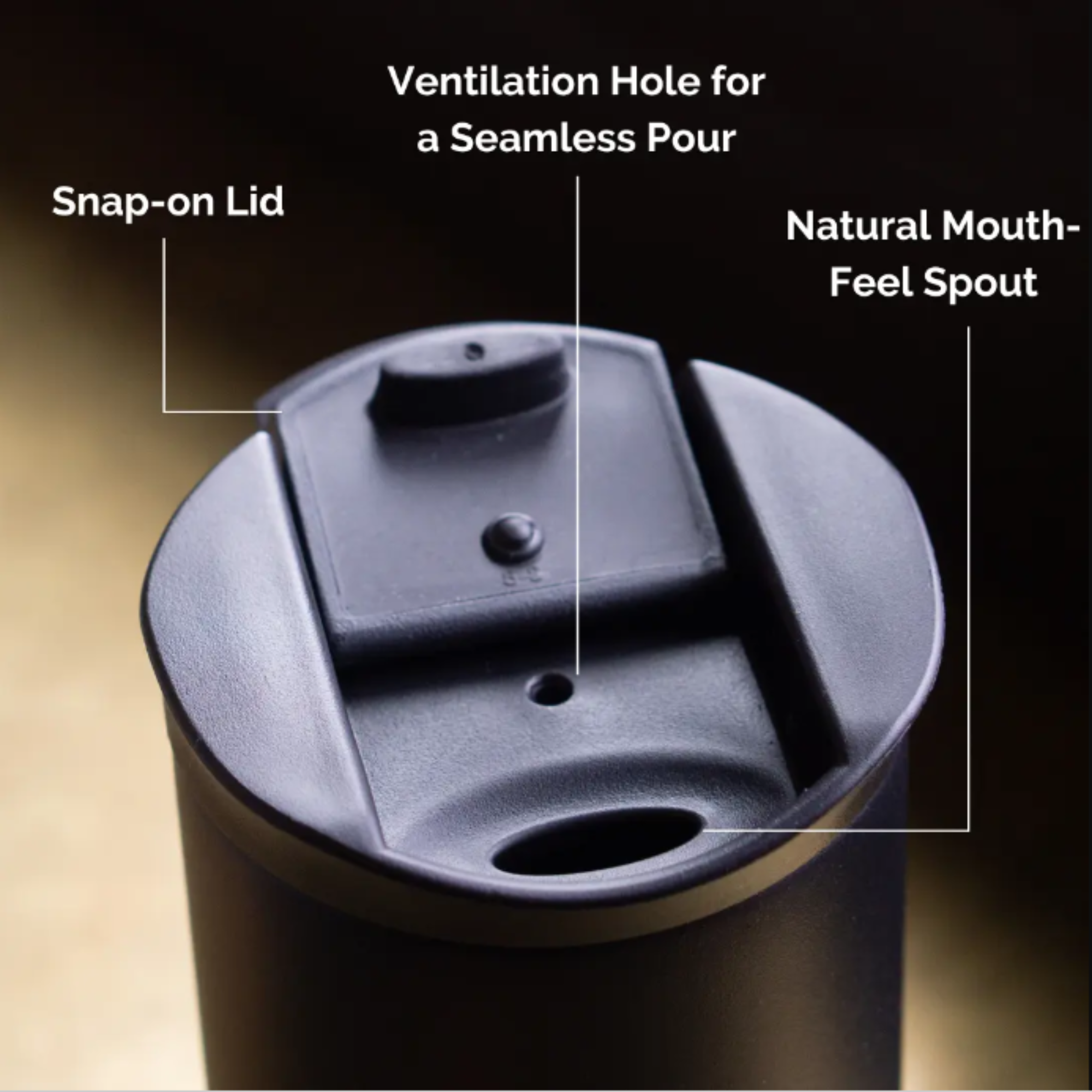 travel mug lid showing snap-on lid, ventilation hole for a seamless pour, and a natural mouth-feel spout