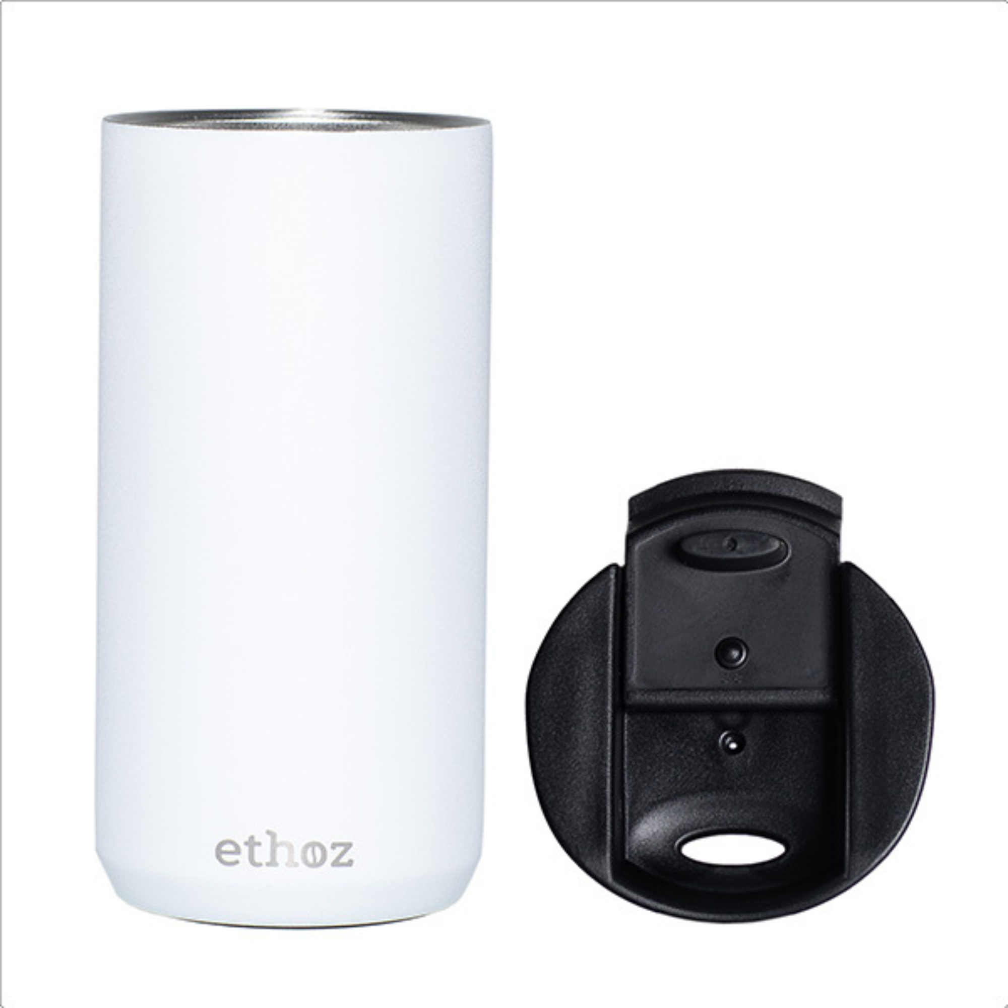 white travel mug showing ethoz brand with black lid on the side