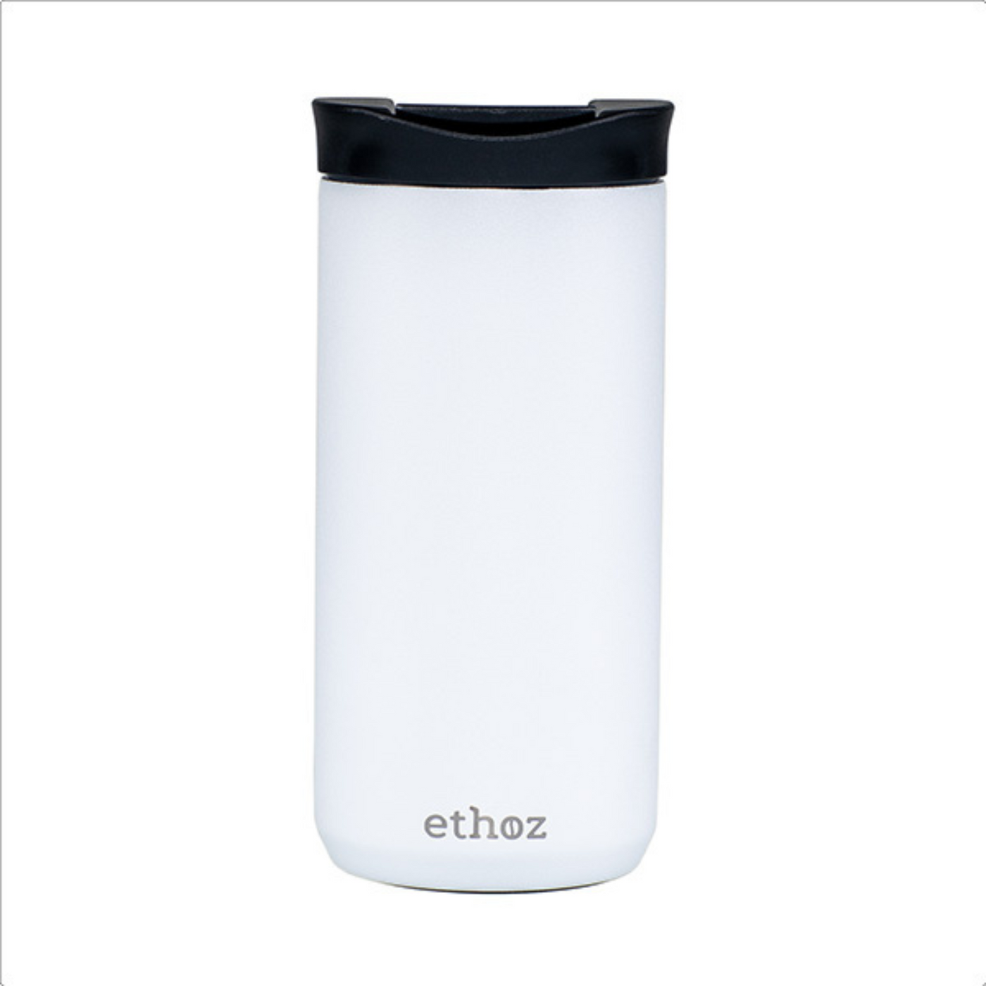 white travel mug showing ethoz brand