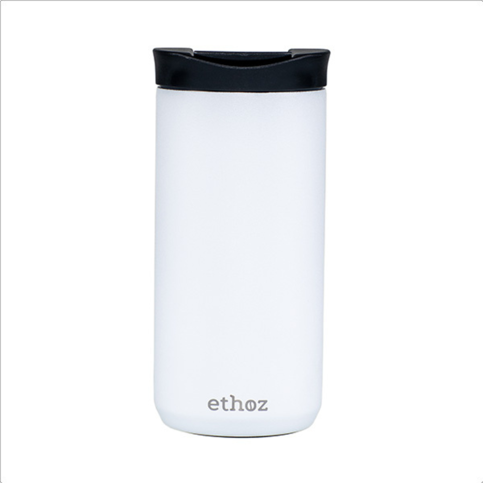 white travel mug showing ethoz brand