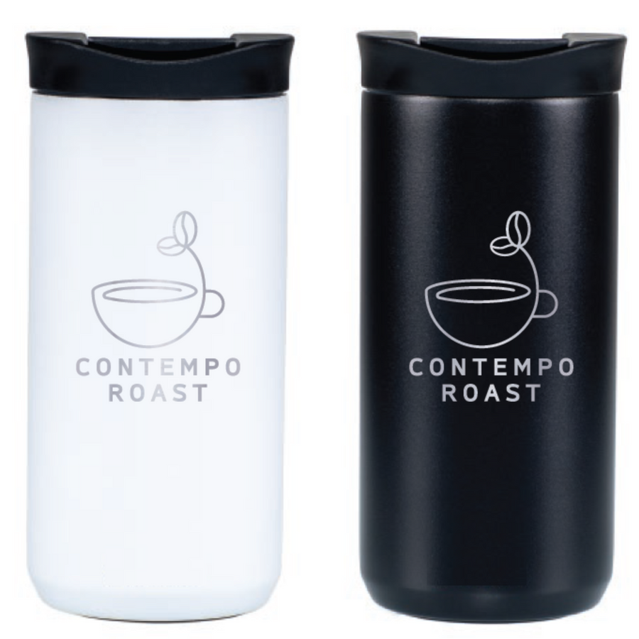 white and black 12oz travel mugs with etched ContempoRoast logo